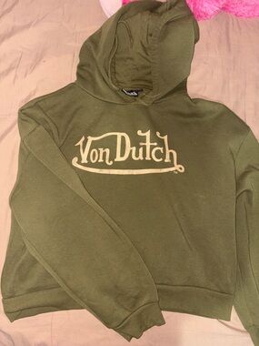 Von Dutch Olive Green Hoodie with Cream Logo - Women